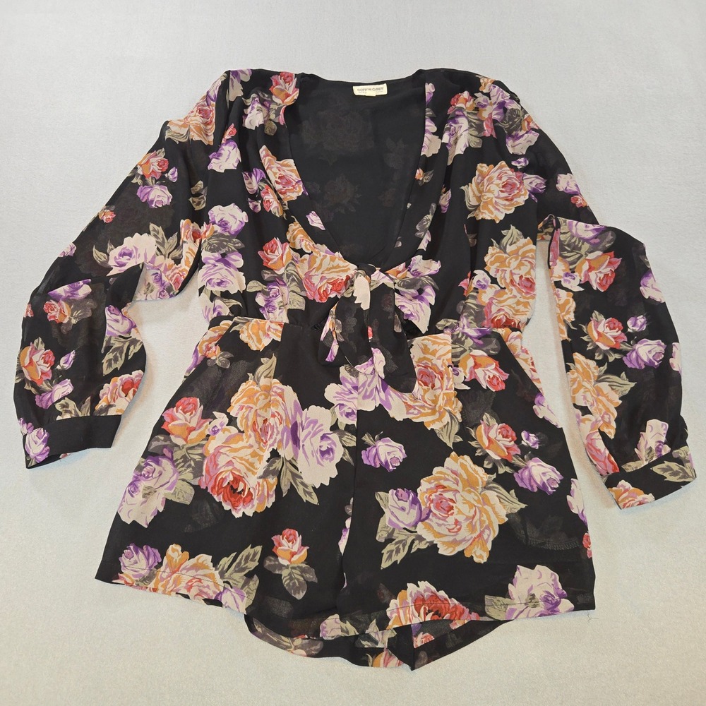 Cotton Candy LA Romper Women Large Black Floral Rose Split Sleeve Tie Front Boho